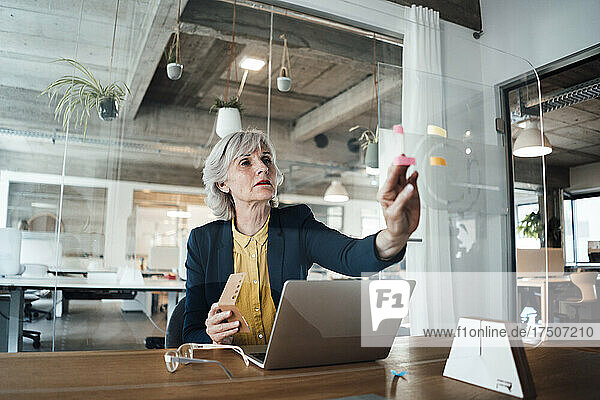 Senior businesswoman putting adhesive note on glass wall