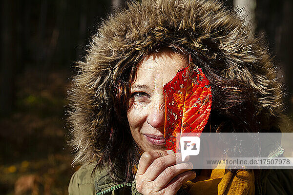 Frau bedeckt Gesicht mit Herbstblatt im Wald