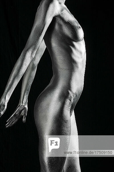 Nackte kaukasische Frau mit silberner Körperbemalung stehend  Seitenansicht