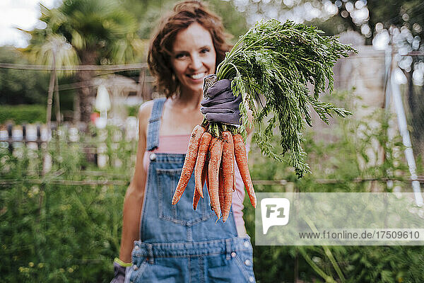 Smiling mid adult woman holding carrots while standing in vegetable garden
