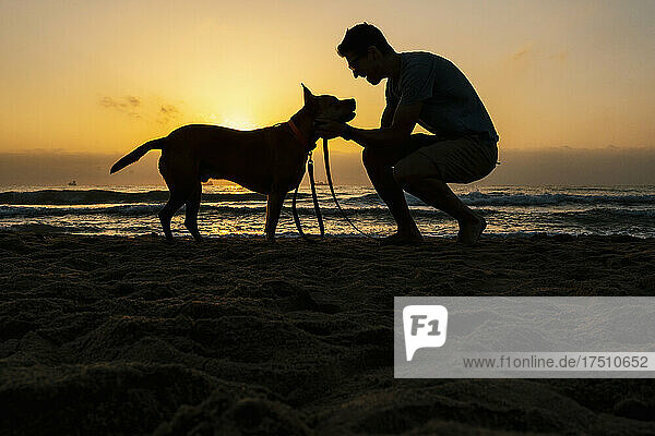 Silhouette man spending leisure time with dog at beach during dawn