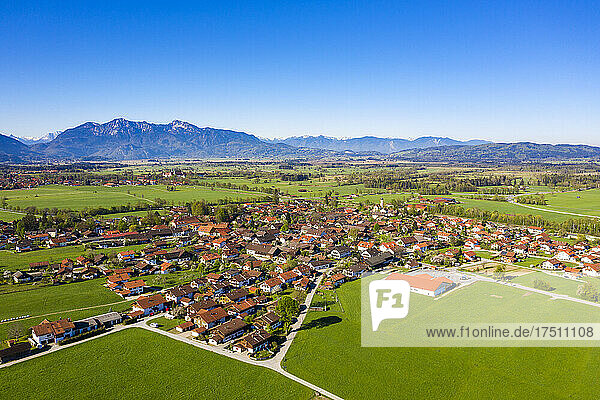 Germany  Bavaria  Bichl  Aerial view of village in Alpine Foothills in summer
