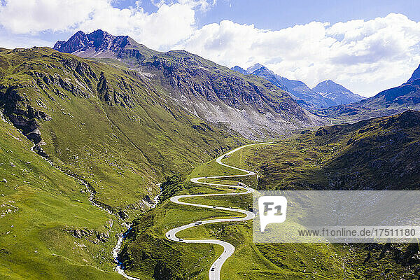 Switzerland  Canton of Grisons  Arosa  Aerial view of Julier Pass in summer