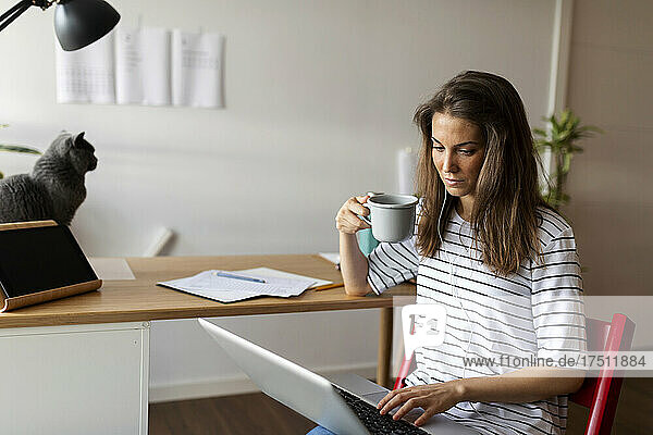 Serious businesswoman holding mug using laptop while sitting on chair at home