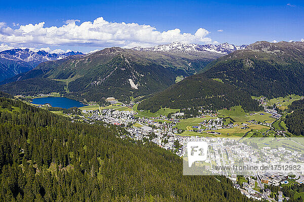 Switzerland  Canton of Grisons  Davos  Aerial view of alpine town in summer
