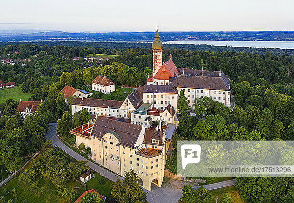 Aerial view of Andechs Monastery in Upper Bavaria at Germany