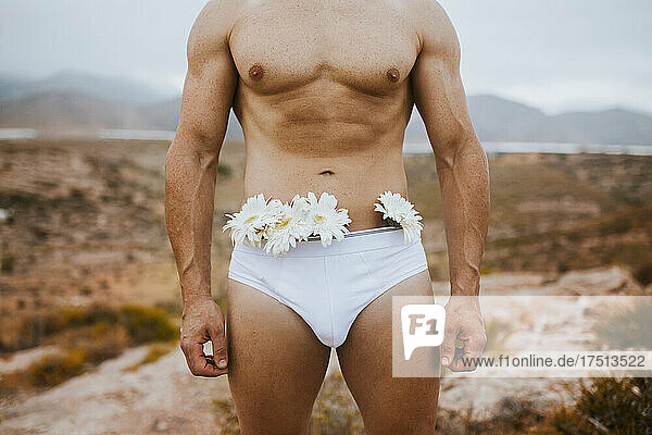 Man wearing underwear with flowers in field during sunset