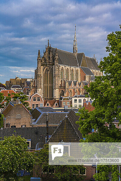 Netherlands  South Holland  Leiden  Houses in front of Hooglandse Kerk cathedral
