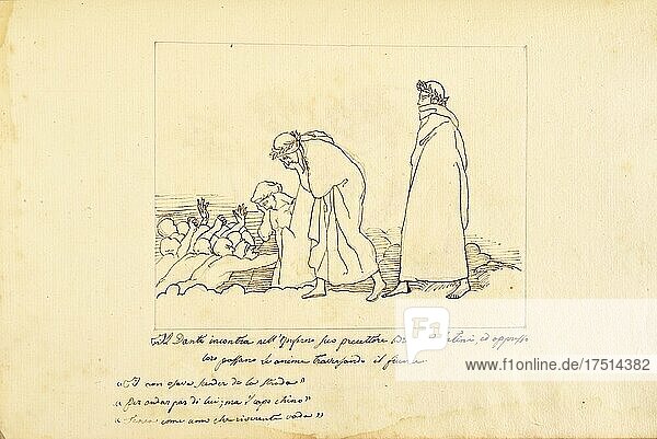Kopie von John Flaxman (Mitte des 19. Jahrhunderts)  Dantes Inferno  Zeichnung des deutschen Bildhauers Flaxman - Dante trifft seinen Lehrer Brunetto Latini in der Hölle - Inferno  Gesang XV  Tinte auf Papier (Sammlung Ambrosini)