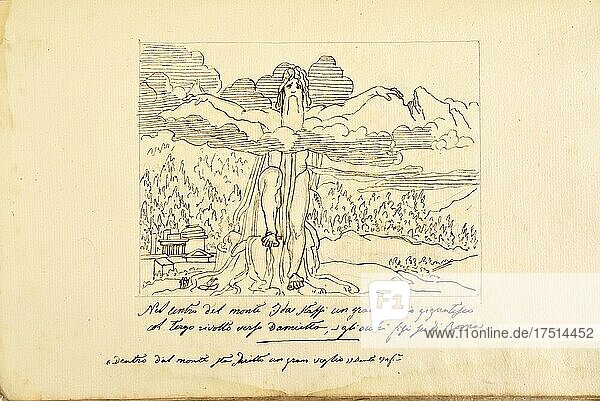 Kopie von John Flaxman (Mitte des 19. Jahrhunderts)  Dantes Inferno  Zeichnung des deutschen Bildhauers Flaxman - In der Mitte des Monte Ida - Inferno  Gesang XIV  Tinte auf Papier (Sammlung Ambrosini)