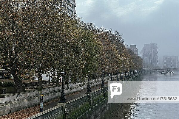 London in Coronavirus Covid-19 lockdown with person running and jogging along River Thames on South Bank with autumn trees in atmospheric misty weather in England  UK at rush hour