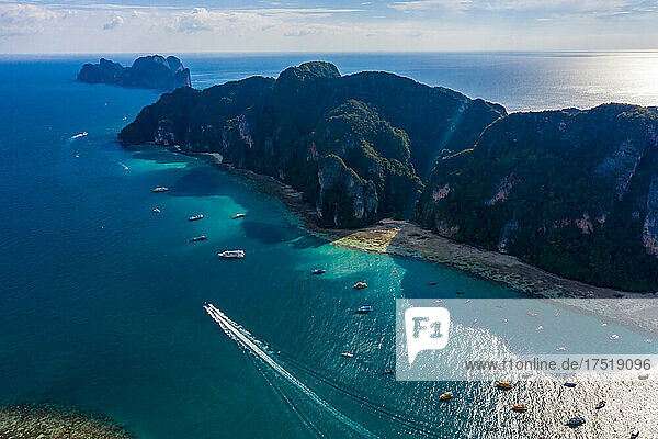 Aerial view of Phi Phi  Maya beach with blue turquoise seawater
