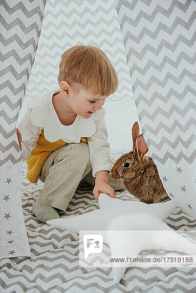 Little boy with bunny  posing at the Easter interior.