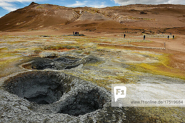 Solfataras and boiling mud pools  Namafjall  Krafla geothermal area  near Myvatn  N E Iceland  Polar Regions