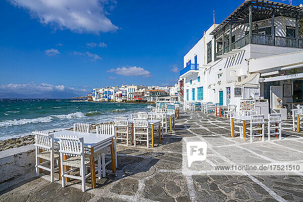View of restaurant tables in Little Venice  Mykonos Town  Mykonos  Cyclades Islands  Greek Islands  Aegean Sea  Greece  Europe
