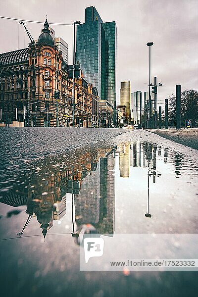 Blick in eine Straße mit alten Gebäuden und modernen Hochhäusern am Morgen bei regen. Alles spiegelt sich in einer Pfütze. Bankenfirtel  Frankfurt  Hessen  Deutschland  Europa