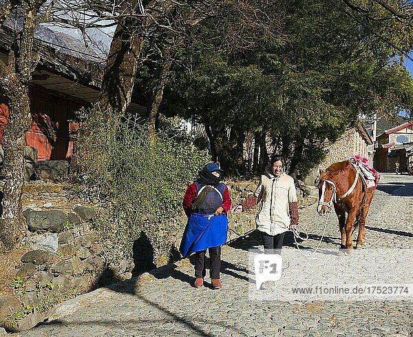 Zwei einheimische Frauen gehen mit einem Pferd durch Yu Wu Village  Provinz Yunnan  Volksrepublik China