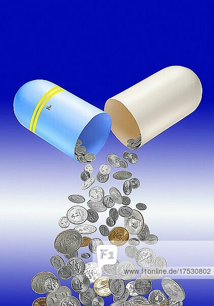 Hohe Kosten für Medikamente  dargestellt mit einem Medikament  einer Kapsel und Geld  USA  Nordamerika
