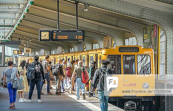 Underground station with passengers  Kottbusser Tor  Kreuzberg  Berlin  Germany  Europe