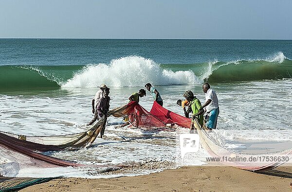 High wave  fishermen at work  fishermen hauling in nets from the sea  Darwins Beach  Wella Odaya near Ranna  Southern Province  Sri Lanka  Indian Ocean  Asia