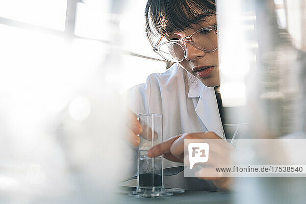 Young scientist examining liquid solution in glassware