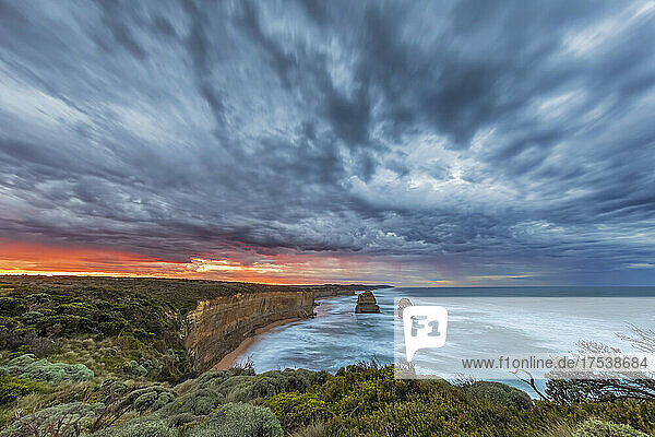 Australia  Victoria  Long exposure of Twelve Apostles and Gibson Steps in Port Campbell National Park at cloudy dawn