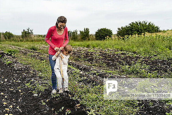 Mother teaching daughter to harvest potatoes in field