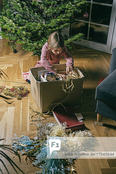 Girl searching ornaments in cardboard box sitting by Christmas tree at home