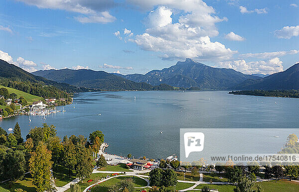 Austria  Upper Austria  Mondsee  Drone view of Mondsee lake in summer with Schafberg mountain in background