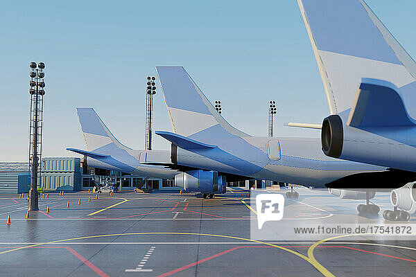 Three dimensional render of empennages of airplanes waiting at airport