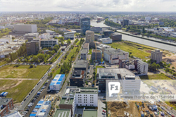 Germany  Bremen  Aerial view of financial district with Weser Tower and Bomers Spitze