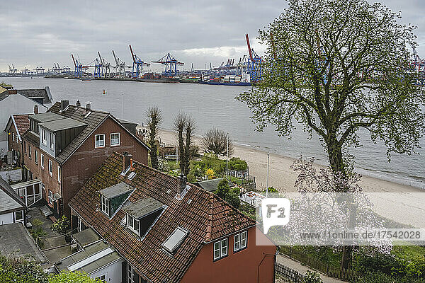 Germany  Hamburg  Othmarschen waterfront in spring with cranes of Port of Hamburg in background