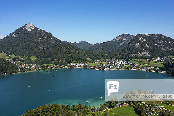 Austria  Salzburg  Fuschl am See  Drone view of mountain village on shore of Lake Fuschl