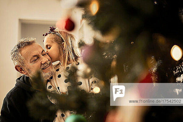 Granddaughter kissing grandfather behind christmas tree at home