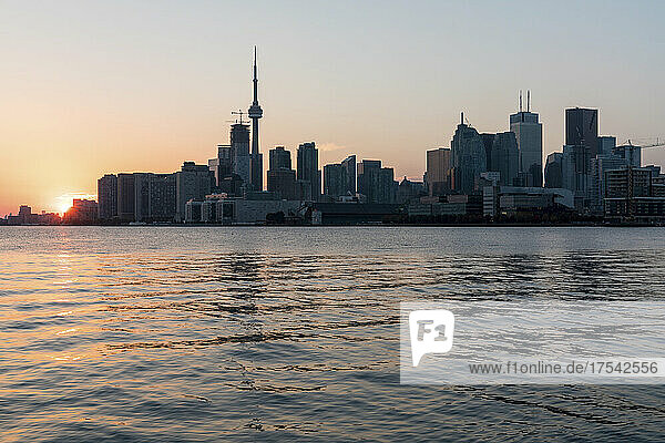 Canada  Ontario  Toronto  Skyline of lakeshore city at sunset