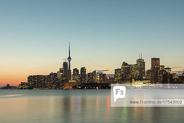 Canada  Ontario  Toronto  Skyline of lakeshore city at dusk
