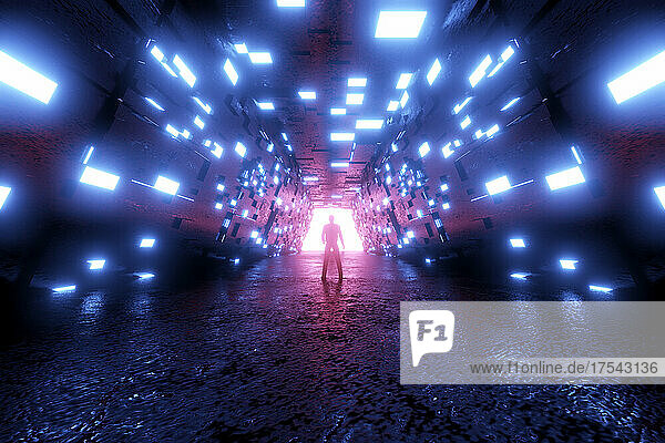 Three dimensional render of silhouette of person standing in front of mysterious gate glowing at end of futuristic corridor