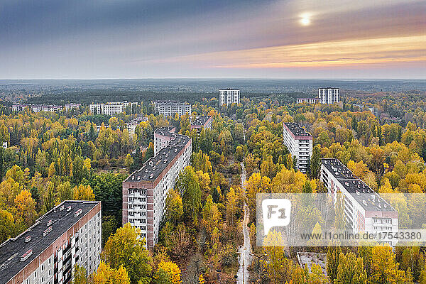 Ukraine  Kyiv Oblast  Pripyat  Aerial view of abandoned city at autumn sunset