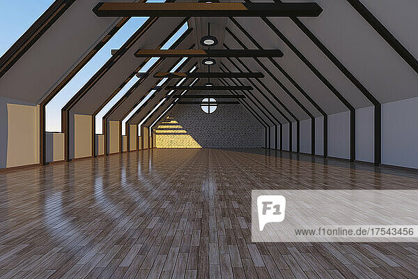 Three dimensional render of empty attic with wooden floor
