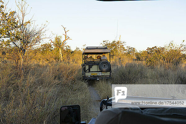 A safari jeep with passengers on a sunrise drive through a landscape.