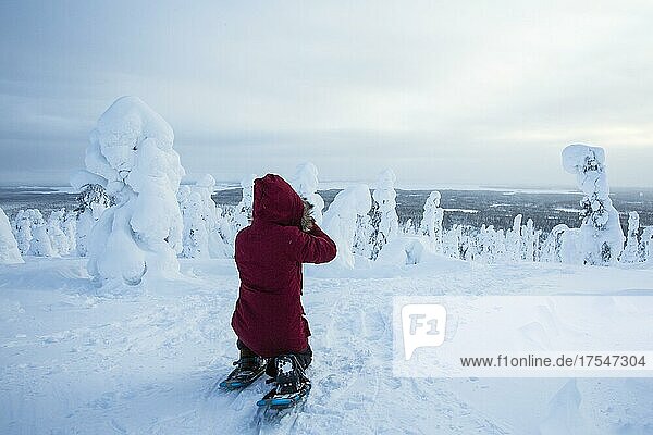 Fotografin fotografiert schneebedeckte Bäume  im Riisitunturi-Nationalpark  Lappland  Finnland  Europa