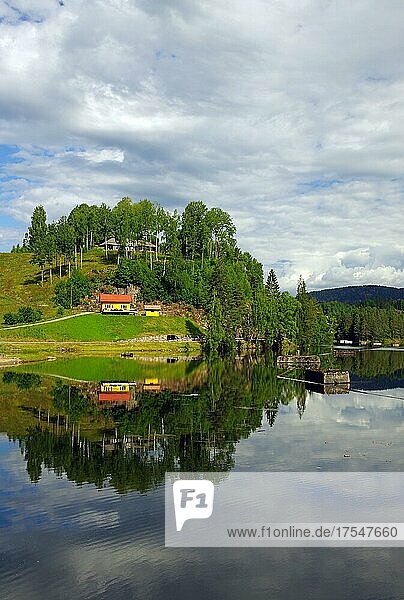 Quiet landscape at the Telemark Canal  houses and trees reflected in the water  Lunde  Telemark  Norway  Europe