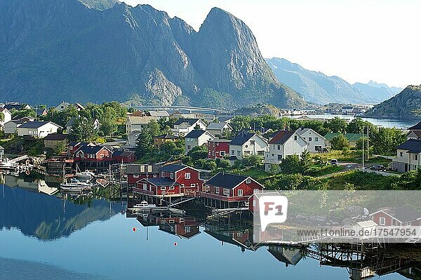 Ortsansicht  Reinefjord mit Bergen und roten Holzhäusern  Rorbuer  Reine  Moskenesöy  Lofoten  Nordland  Norwegen  Europa