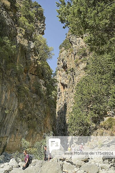 Hiking trail  lower of the three narrows Iron Gates Portes  Samaria Gorge  Crete  Greece  Europe
