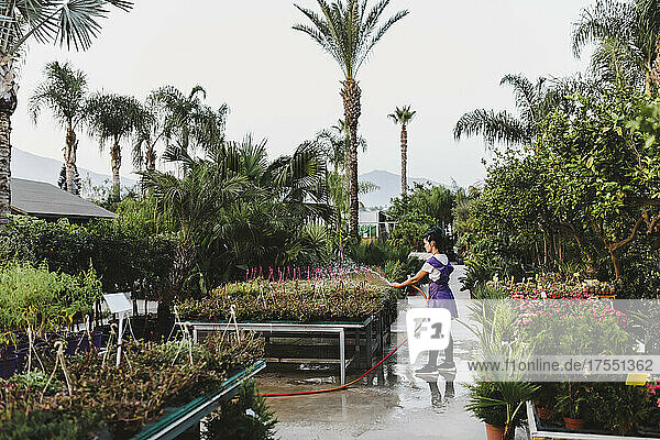 Besitzerin gießt Pflanzen im Gartencenter