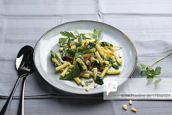 Pasta with spinach pesto  carrots  spinach leaves and pine nuts