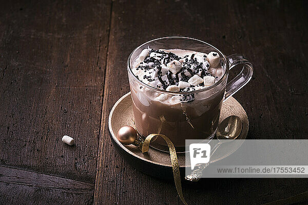 Vegan hot chocolate with whipped soy cream and marshmallows