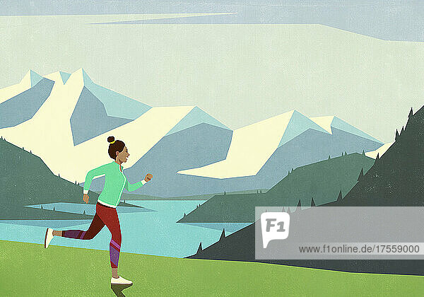 Sorglose Frau beim Joggen auf einer idyllischen Bergwiese