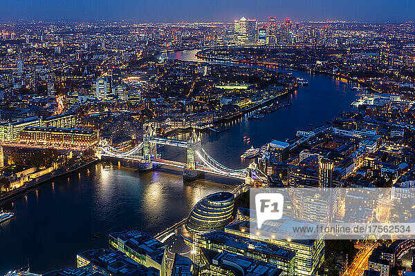 River Thames  Tower Bridge and Canary Wharf from above at dusk  London  England  United Kingdom  Europe