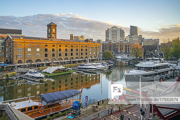 View of St. Katharine Docks from elevated position at sunrise  London  England  United Kingdom  Europe
